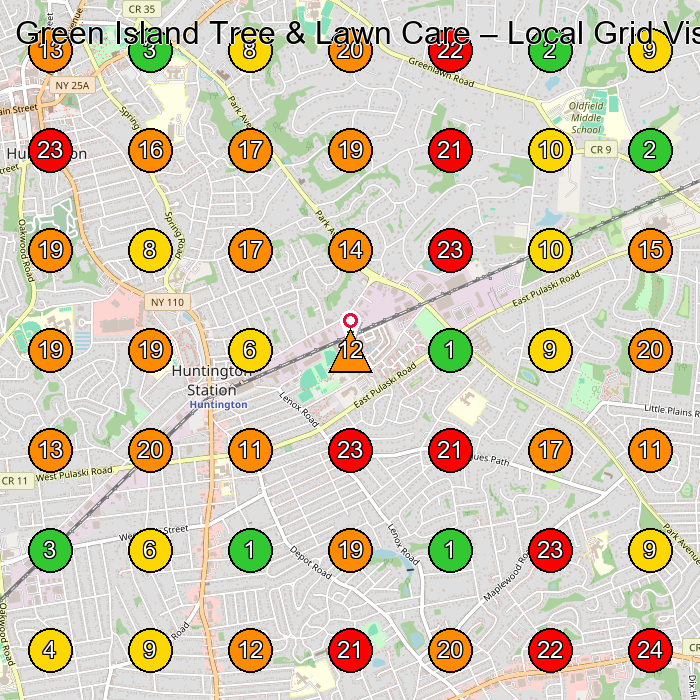Green Island Tree & Lawn Care Lawn Care Service GeoGrid ranking map for Huntington Station NY
